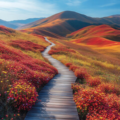 vibrant landscape featuring winding wooden path through colorful flower fields, surrounded by rolling hills and clear blue sky. scene evokes sense of tranquility and natural beauty