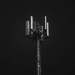 Wall Mural - tall cell phone tower against dark background, showcasing antennas and equipment. structure represents modern communication technology and connectivity