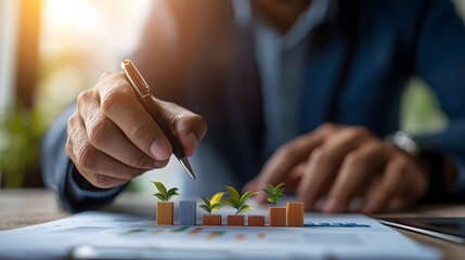 Businessman Analyzing Growth with Green Plants on Bar Graph. Image Illustration background for presentation and wallpaper Beautiful picture