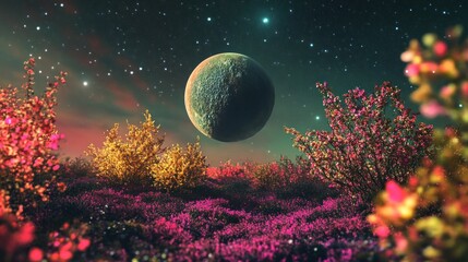 a large, green planet hangs in the night sky above a field of pink and yellow flowers.