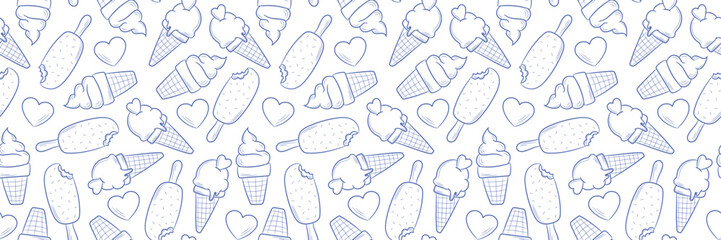 Poster - Ice cream line art vector banner, seamless repeating pattern design, summer background or cover design