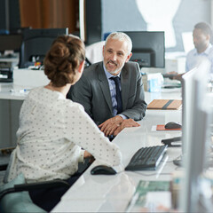 Poster - Team, professional and talking with business people in office for account manager, administration and mentor. Company report, collaboration and review with employees for planning, idea and research