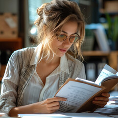 Leinwandbilder - A woman sitting at her desk and reading a folder of documents, possibly working on project or organizing her thoughts.