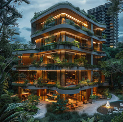 Poster - A tall architectural building designed for evening relaxation, featuring multi-level social areas with comfortable seating surrounded by lush greenery. The exterior warm and inviting.