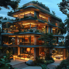 Poster - A tall architectural building designed for evening relaxation, featuring multi-level social areas with comfortable seating surrounded by lush greenery. The exterior warm and inviting.