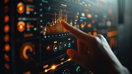Fototapete - Hand pointing at a digital screen with data graphs and bar charts on it, close-up of a finger touching the display showing a financial dashboard in an office.