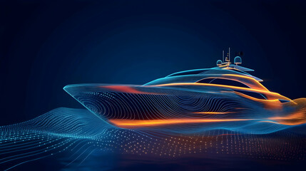 Sticker - Futuristic luxury yacht, digital transportation concept with glowing lines on a dark blue background   -