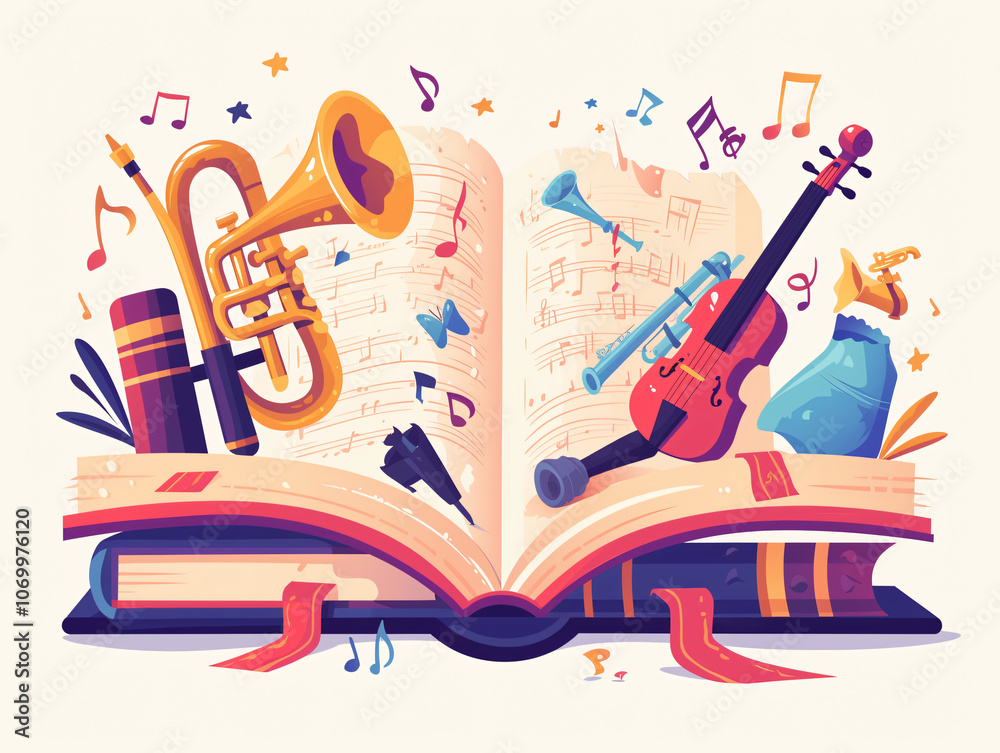 An illustration of an open book surrounded by musical instruments such ...