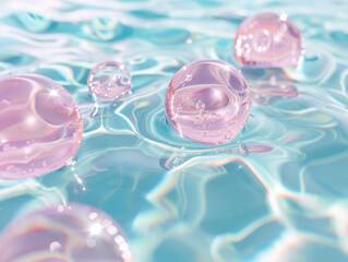 Poster - A close-up of pink water droplets floating on a shimmering aqua surface, capturing the beauty of reflections and textures in a serene aquatic environment for environment.