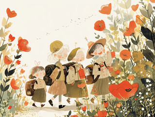 Poster - A whimsical illustration of four children walking through a field of flowers, each carrying a backpack and sharing joyful expressions in a playful outdoor setting for culture & religion.