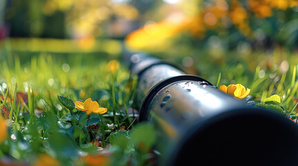 Poster - A black plastic pipe, sunny day, bright daylight, neutral background.