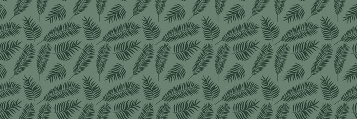 Poster - Tropical leaf pattern banner, seamless vector repeat horizontal background, foliage leaves print cover design