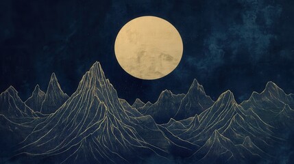 Poster - Elegant hand-drawn mountains in gold line art against a dark blue backdrop