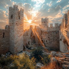 Ancient stone castle ruins basking in golden sunlight, showcasing medieval architecture and dramatic clouds. serene yet majestic atmosphere envelops scene