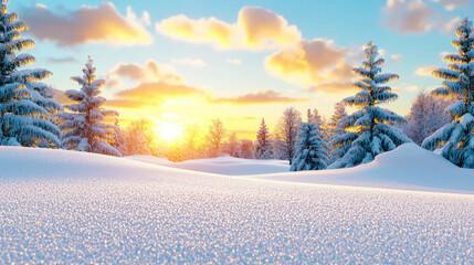 Wall Mural - winter sunset casts warm glow over snowy landscape, creating serene and festive atmosphere. snow covered trees stand tall against colorful sky, enhancing winter wonderland