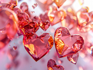 Poster - An intricate close-up of sparkling crystal hearts in various sizes, reflecting light and creating a romantic atmosphere, emphasizing love and beauty for culture & religion.