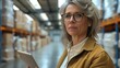 © visoot - A middle aged nice looking woman with tablet. She inspects warehouse which looks modern.