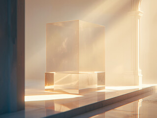 Poster - A minimalist design featuring a transparent cube illuminated by soft light, creating a serene and ethereal atmosphere in a bright space for graphic resources.