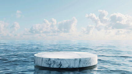 Poster - A captivating image of a marble platform surrounded by gentle waves, showcasing a tranquil atmosphere with a clear sky and soft clouds for graphic resources.