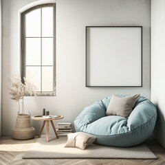 Poster - A cozy corner featuring a large bean bag, a small table, and a window allowing natural light to enter, creating a warm and inviting space for lifestyle.