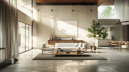 Poster - A spacious modern living room with large windows, natural light illuminating a cozy sofa, wooden decor, and a potted plant for lifestyle.