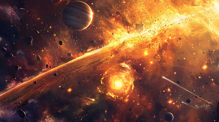 Poster - A dynamic and colorful digital illustration of a cosmic scene featuring planets, stars, and galaxies in a vibrant explosion of colors for science.