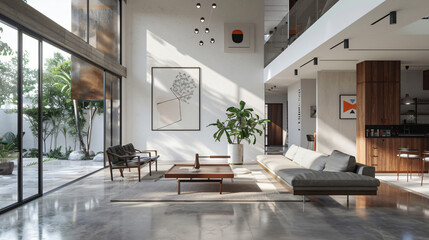 Poster - An elegant modern living room showcasing a spacious layout with a large couch, wooden furniture, and vibrant greenery for lifestyle.