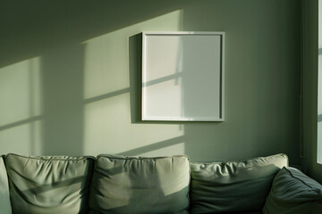 Poster - A minimalist interior featuring a green couch illuminated by sunlight, with a blank framed picture on the wall casting soft shadows for lifestyle.