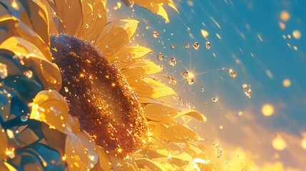 Poster - A vibrant close-up image of a sunflower with droplets of water glistening on its petals under soft sunlight for nature.