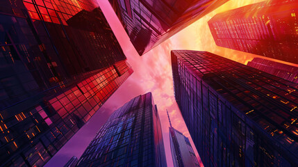 Poster - A dramatic low-angle view of towering skyscrapers reflecting vibrant sunset colors against a dramatic sky for architecture.