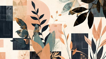 Poster - An artistic abstract illustration featuring various plants and leaves arranged in a geometric pattern with muted colors for graphic resources.