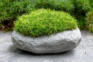 Poster - Close-up view of fresh green moss on a stone, each detail of the texture visible, with a soft-focus background that offers ample copy space.