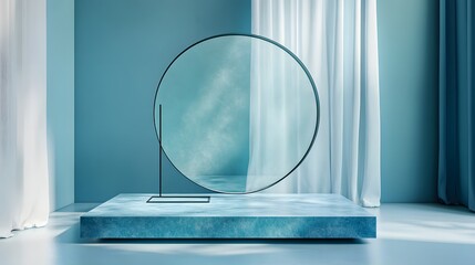 3D blue podium stand with circle glass backdrop is perfect for modern interior concept product display mockups. The stand is set on a floor and soft blue background