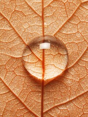 Wall Mural - A single water droplet on a leaf, with the drop magnifying the intricate details of the leaf veins, set against a softly blurred background for copy space.