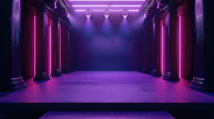 Leinwandbilder - A dark room with an empty stage, purple lights on the left and right side.