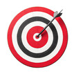 © R Studio - This image depicts a red and black archery target with a bullseye and an arrow precisely hitting the center  It symbolizes the pursuit of goals  the triumph of skill and focus