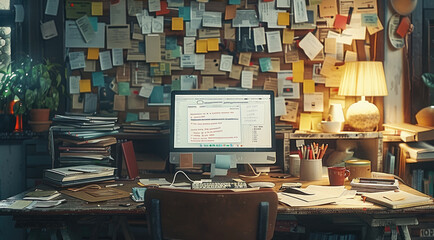 Canvas Print - A cluttered desk with an open notebook, computer, and coffee mug on it, scattered papers, and post-it notes stuck to the wall behind it.