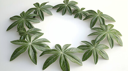 Wall Mural - green leaves arranged in a circle on a white background, creating a frame with copy space in the cen