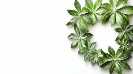 Wall Mural - green leaves arranged in a circle on a white background, with copy space on the left side.