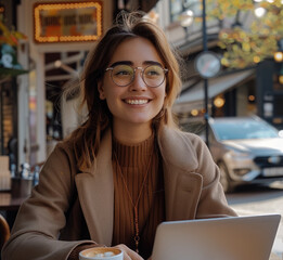 Poster - A young woman wearing glasses is sitting at an outdoor cafe table with her laptop and coffee, talking to someone on the video call screen of his computer while smiling.