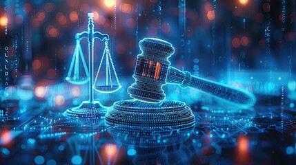 Digital law, a glowing gavel and scales overlaid with binary code, representing the fusion of technology and the legal system, blue and white tones to enhance a futuristic perspective on cyber law.