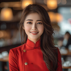 Canvas Print - A beautiful young Chinese woman wearing a standing collar red submachine jacket, smiling, stands in a cafe.