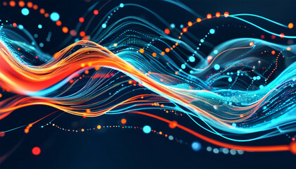 Fototapete - Abstract illustration of flowing information represented by cyan blue red and orange lines and dots Themes include big data technology AI data transfer and generative AI.