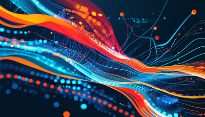 Poster - abstract illustration of flowing information represented by cyan blue red and orange lines and dots 