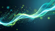 © TAMER YILMAZ - Background with glowing light blue and green lines, particles of data flowing in the air.