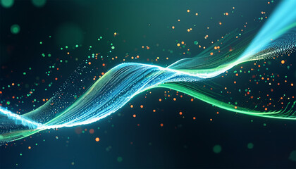 Fototapete - Background with glowing light blue and green lines, particles of data flowing in the air.