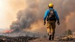 © Anna - A firefighter approaches a raging wildfire, with thick smoke billowing and flames visible in the distance. The scene captures a moment of bravery and urgency amid a critical fire event