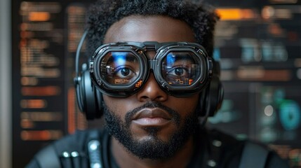 Poster - A man sits in a contemporary workspace, wearing advanced glasses and headphones