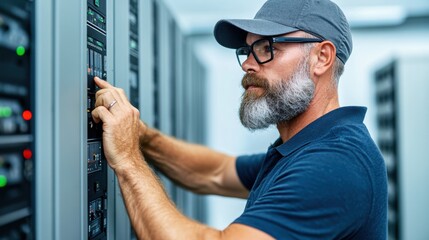 Poster - In a well-equipped data center, a technician with a beard and glasses carefully adjusts server configurations, focusing on enhancing network efficiency and system stability