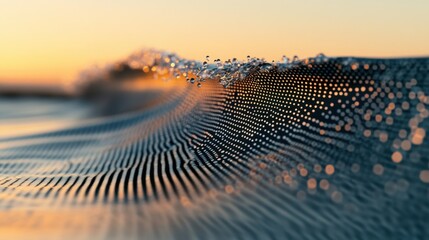 Poster - Close-up of water waves with droplets, showcasing a serene sunset glow and vibrant colors.